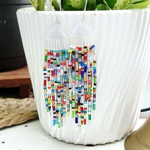 Rainbow Sprinkle Beaded Fringe Dangle Earrings, Seed Bead Boho Statement 4.25"